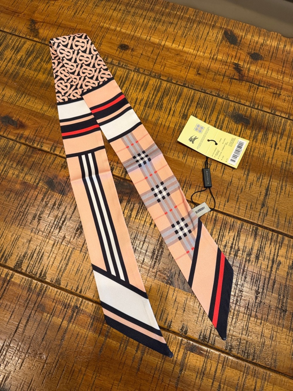 Burberry Peach Plaid & Stripe Silk Twilly Scarf